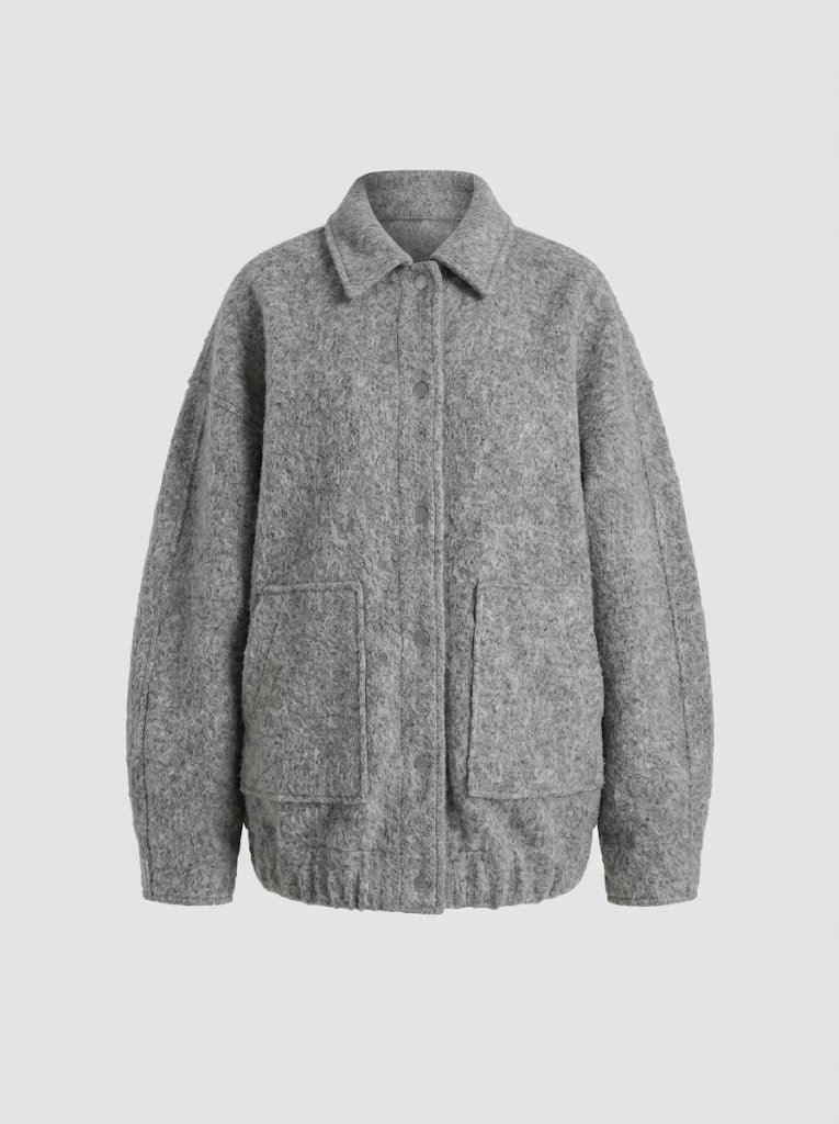 Women's Oversized Raised-Collar Longline Coat in Wool Blend - Gray