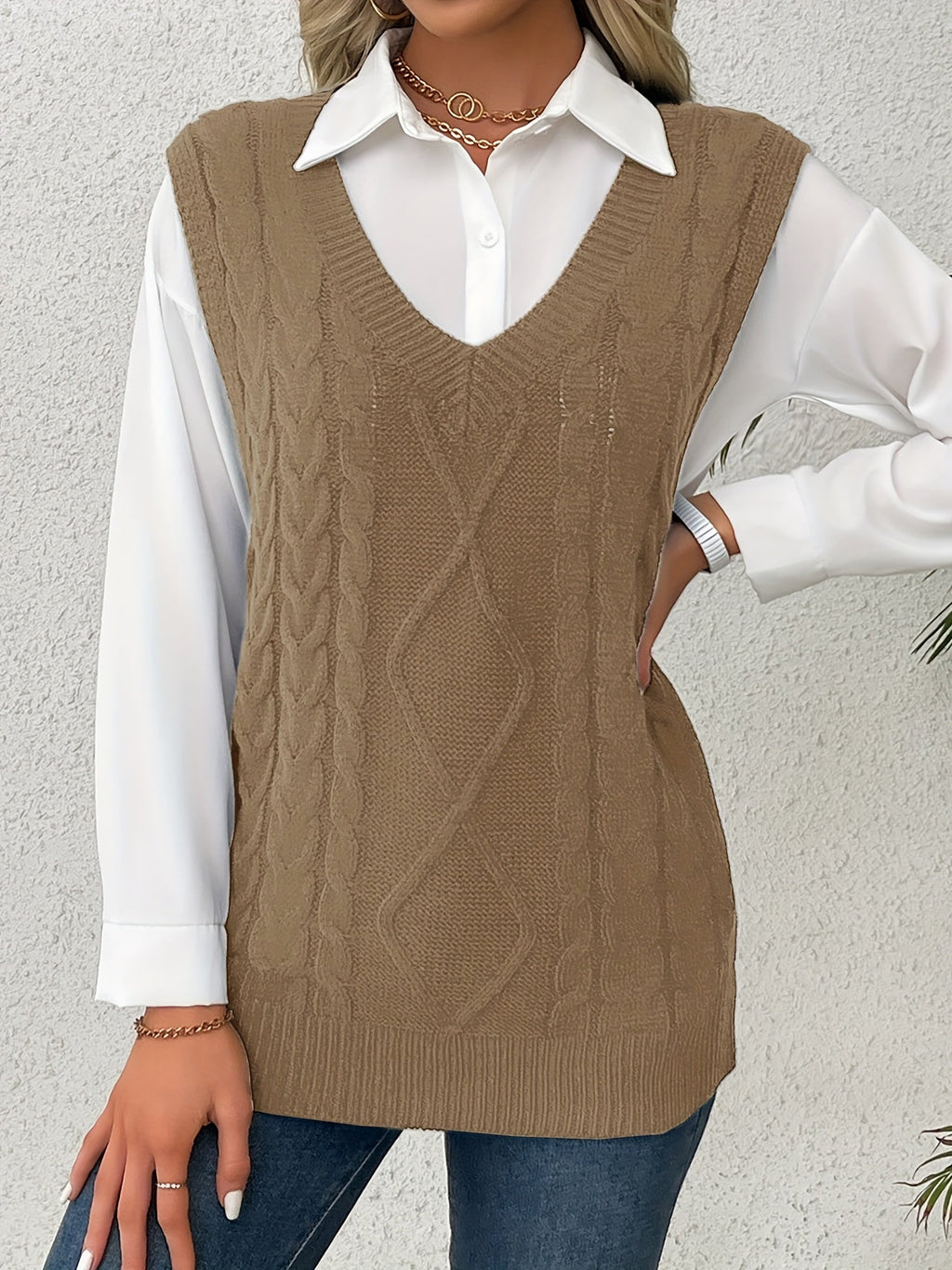 Women's Cable-Knit V-Neck Sweater Vest in a Relaxed Fit