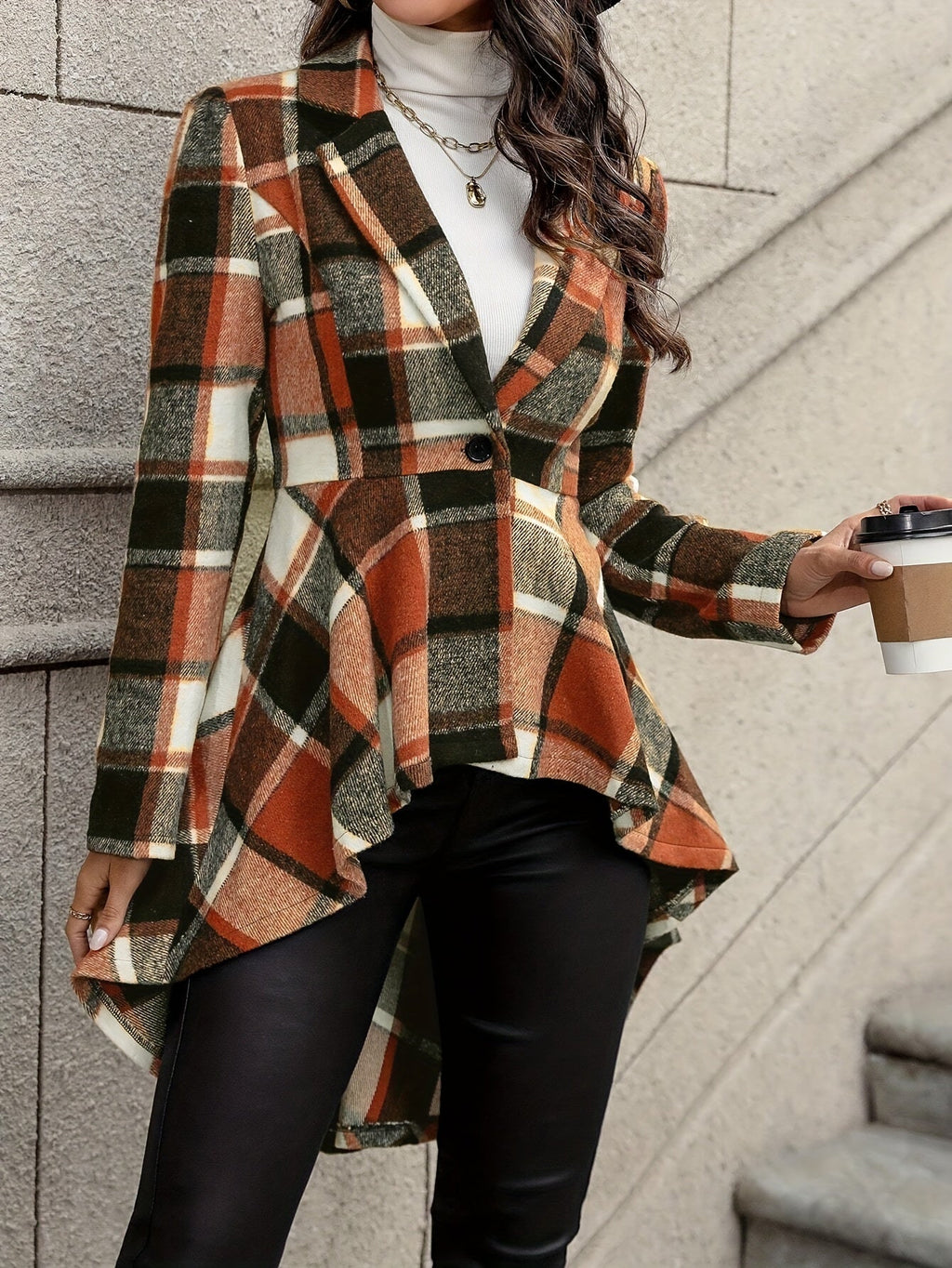 Women's Plaid Open Topper Jacket with Draped Flared Shape