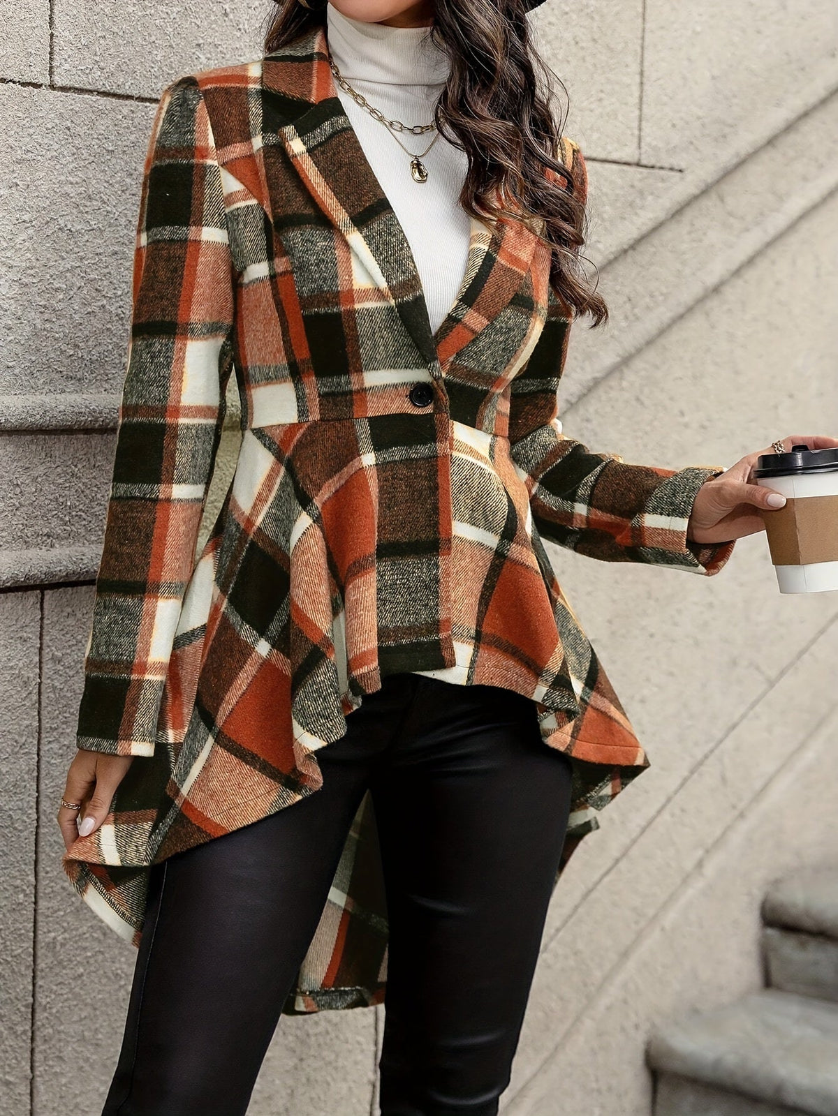 Women's Plaid Open Topper Jacket with Draped Flared Shape