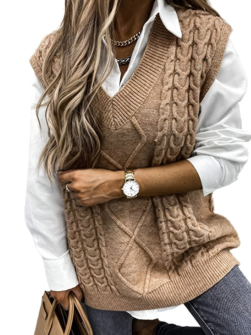 Women's Cable-Knit V-Neck Sweater Vest in a Relaxed Fit