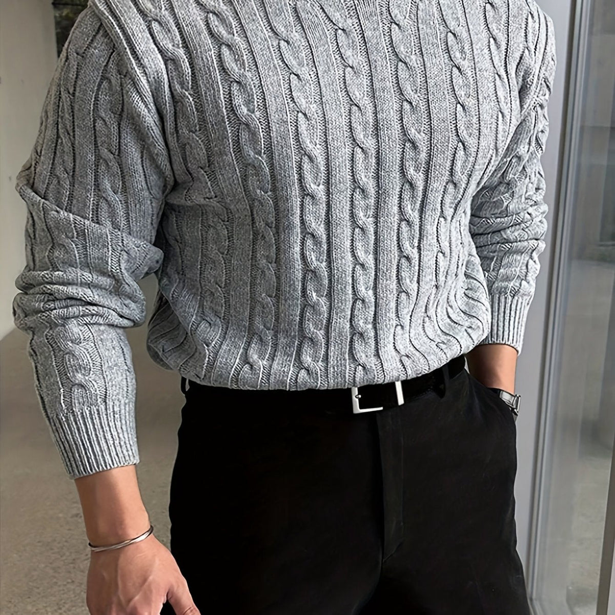 Men's Relaxed Textured Cable Sweater for Work and Weekends - Gray