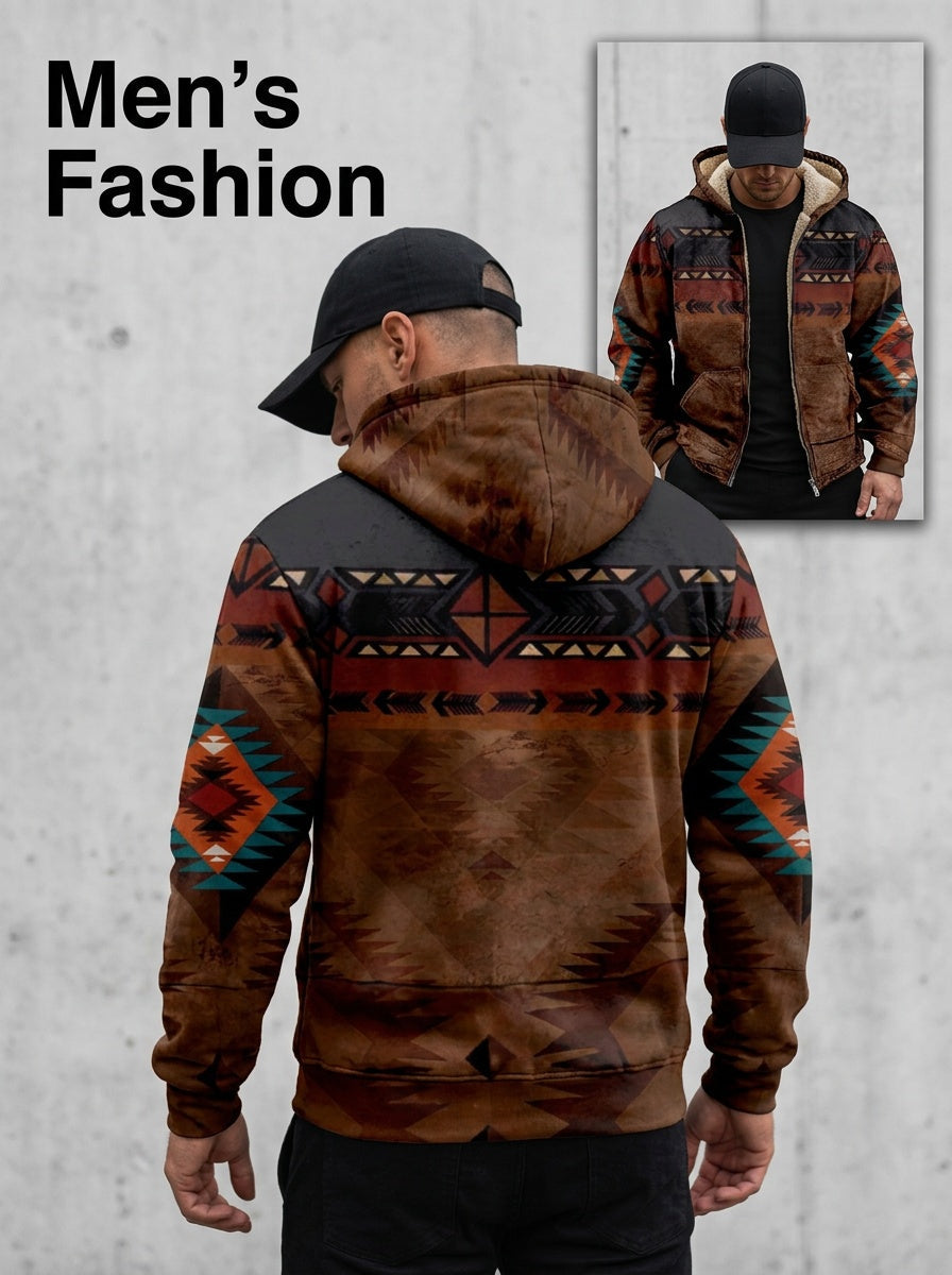 Men's Relaxed Plush-Lined Western Print Zip-Up with Hood