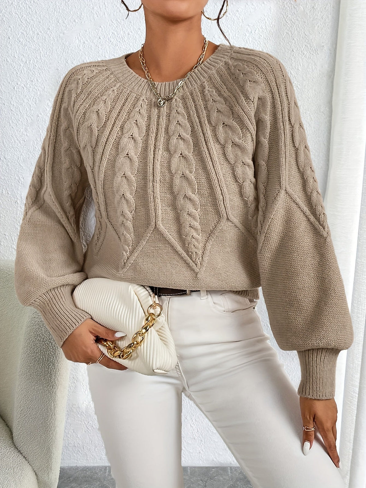 Women's Classic Cable Crew Neck Sweater with Lantern Sleeves