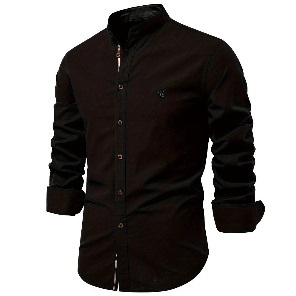 Men's Loose-Cut Airy Cotton Shirt with Stand Collar - Black
