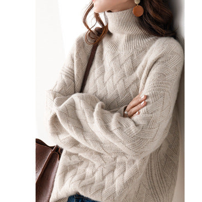 Women's Oversized Dropped-Shoulder Cable-Knit Turtleneck - Beige