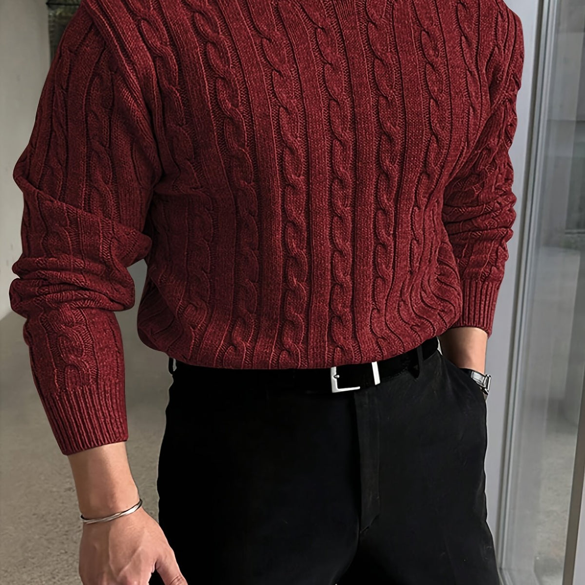 Men's Relaxed Textured Cable Sweater for Work and Weekends - Burgundy