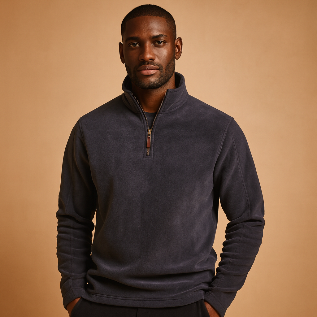Men's Cold-Weather Fleece Sweater with Zip Stand Collar - Dark Gray