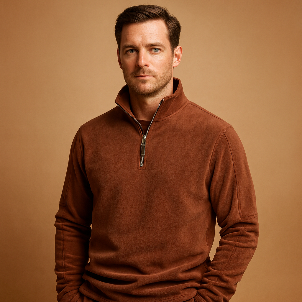 Men's Cold-Weather Fleece Sweater with Zip Stand Collar - Brown