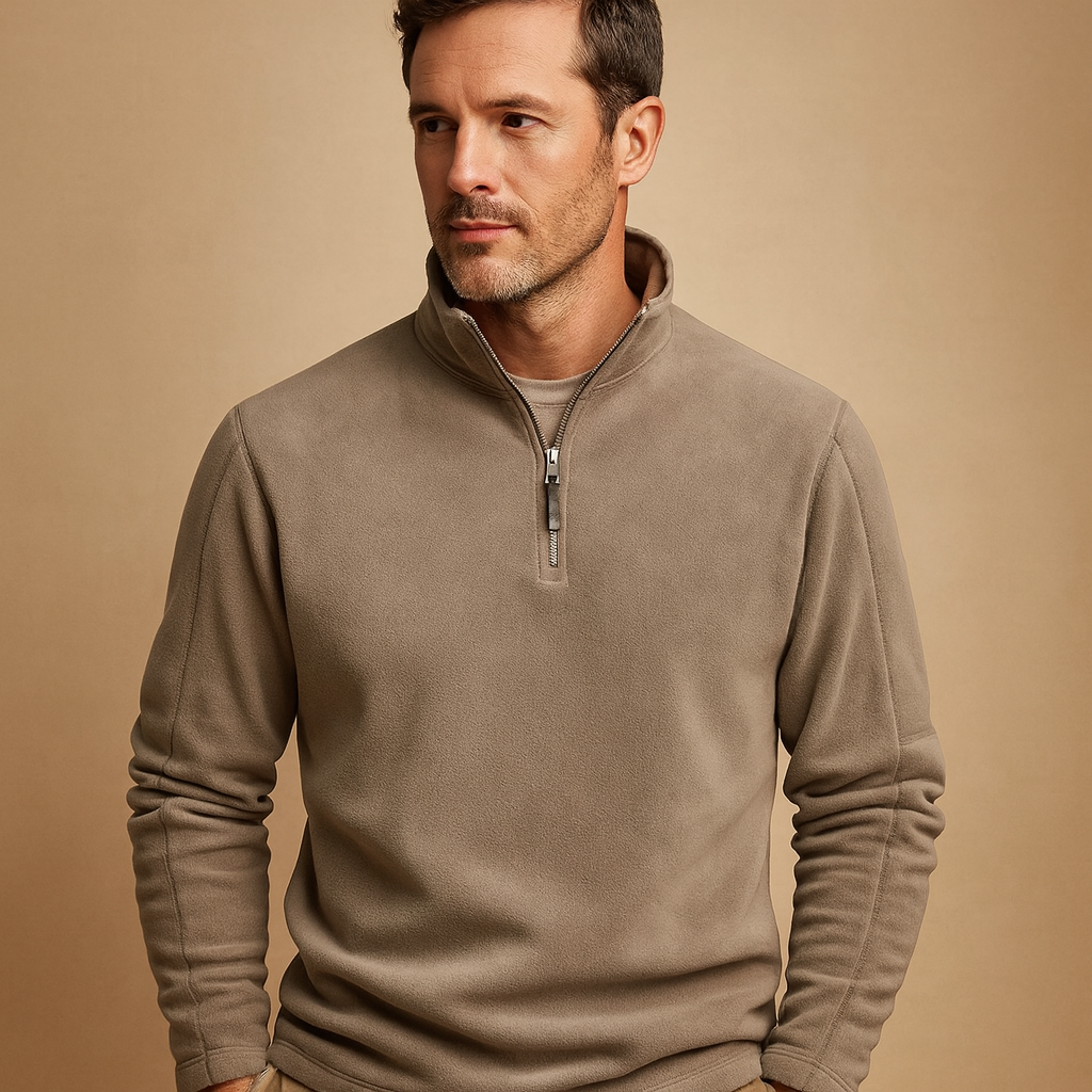 Men's Cold-Weather Fleece Sweater with Zip Stand Collar - Taupe