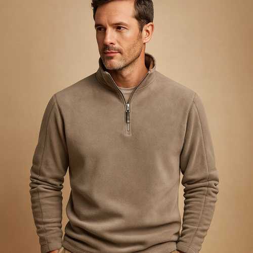 Men's Cold-Weather Fleece Sweater with Zip Stand Collar - Taupe