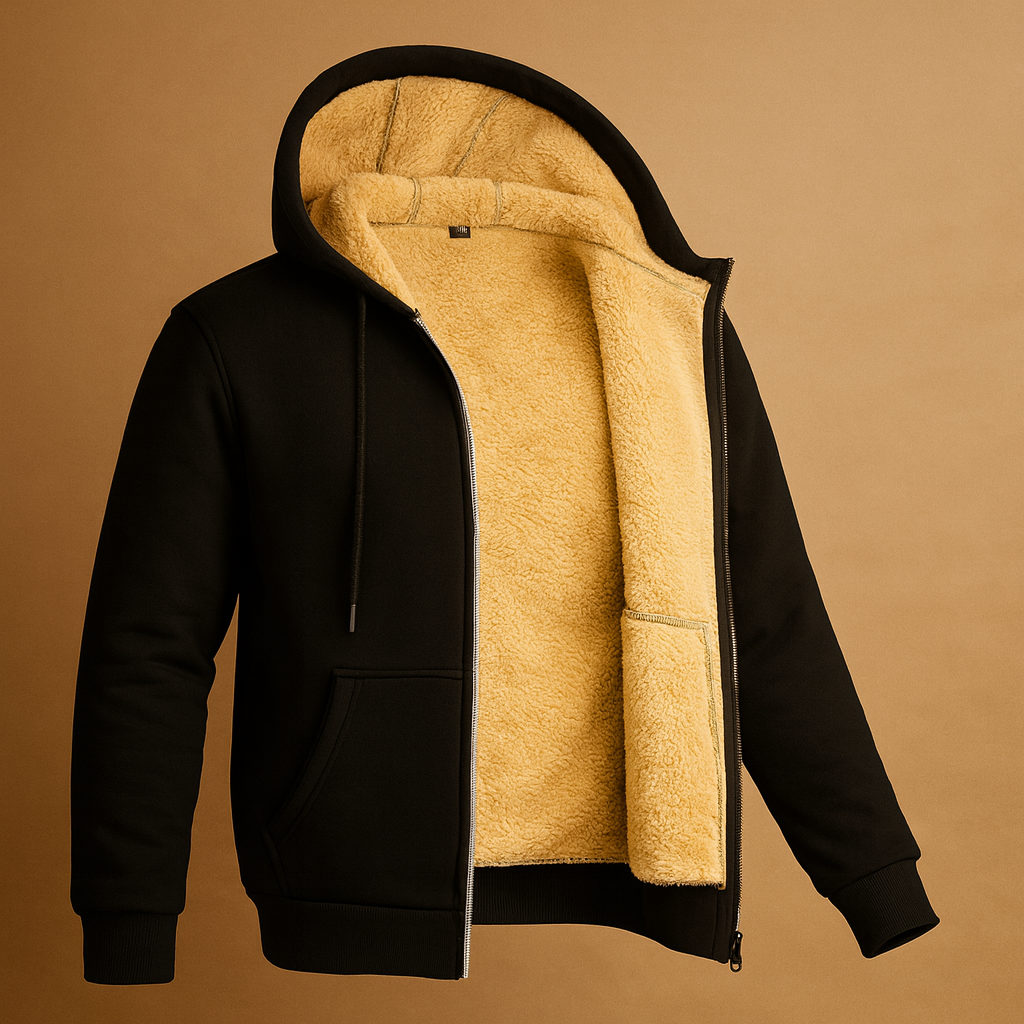 Men's Full-Zip Fleece-Lined Hoodie for Cold Commutes - Black