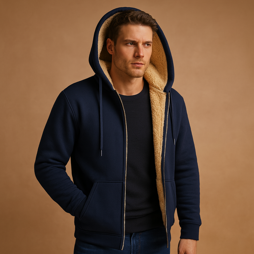 Men's Full-Zip Fleece-Lined Hoodie for Cold Commutes - Navy Blue
