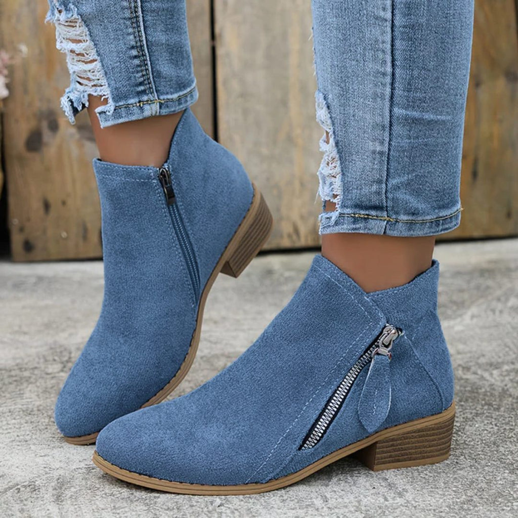 Women's Denim-Inspired Side-Zip Ankle Boots on a Stacked Heel - Blue