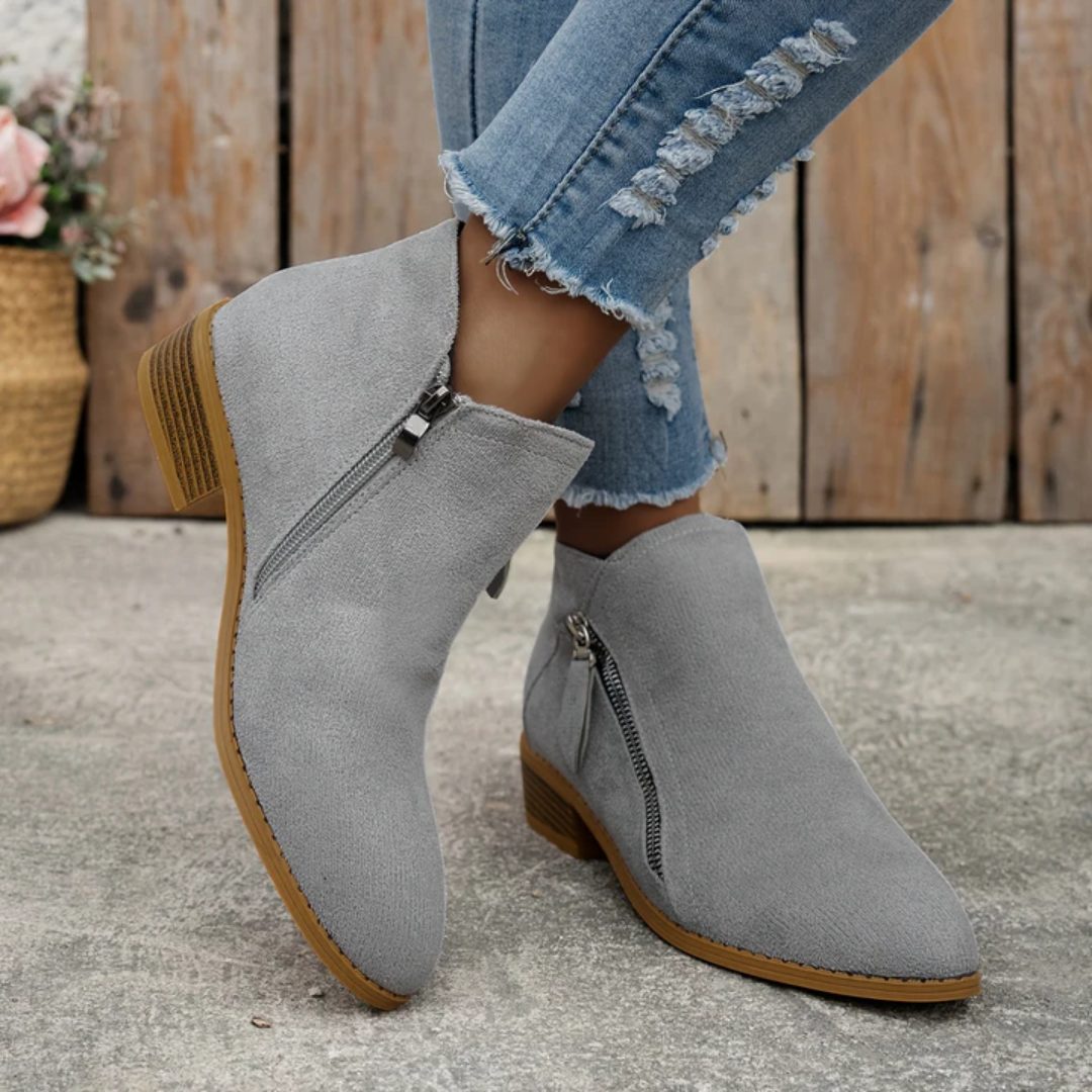 Women's Denim-Inspired Side-Zip Ankle Boots on a Stacked Heel