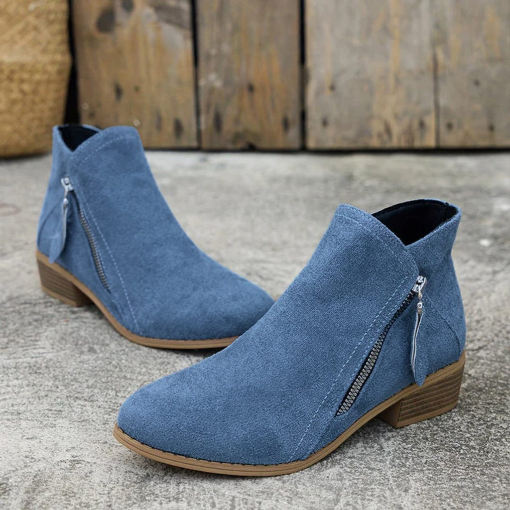 Women's Denim-Inspired Side-Zip Ankle Boots on a Stacked Heel