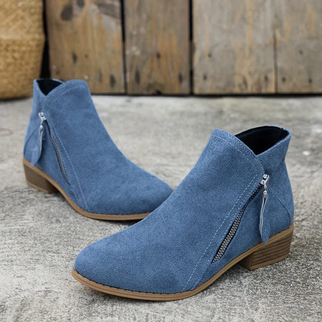 Women's Denim-Inspired Side-Zip Ankle Boots on a Stacked Heel