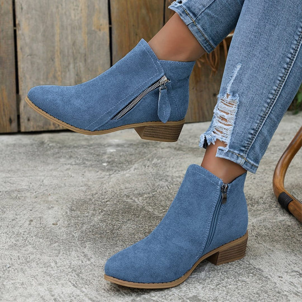Women's Denim-Inspired Side-Zip Ankle Boots on a Stacked Heel