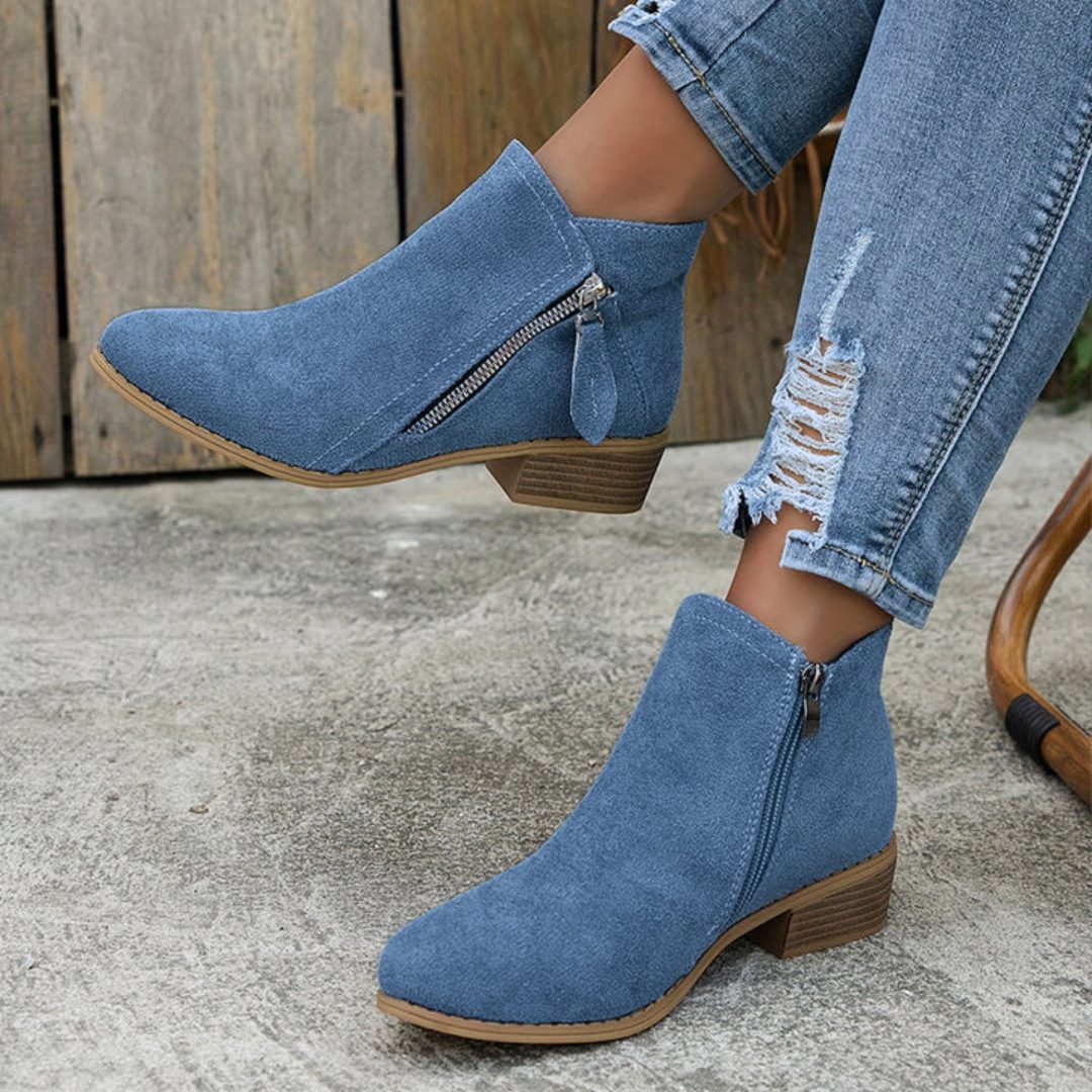 Women's Denim-Inspired Side-Zip Ankle Boots on a Stacked Heel