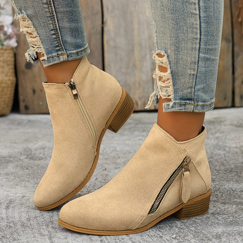 Women's Denim-Inspired Side-Zip Ankle Boots on a Stacked Heel