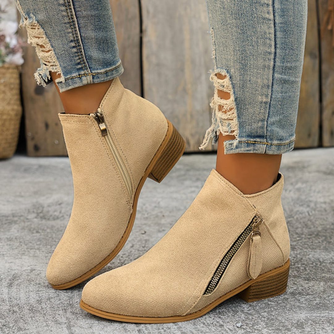 Women's Denim-Inspired Side-Zip Ankle Boots on a Stacked Heel
