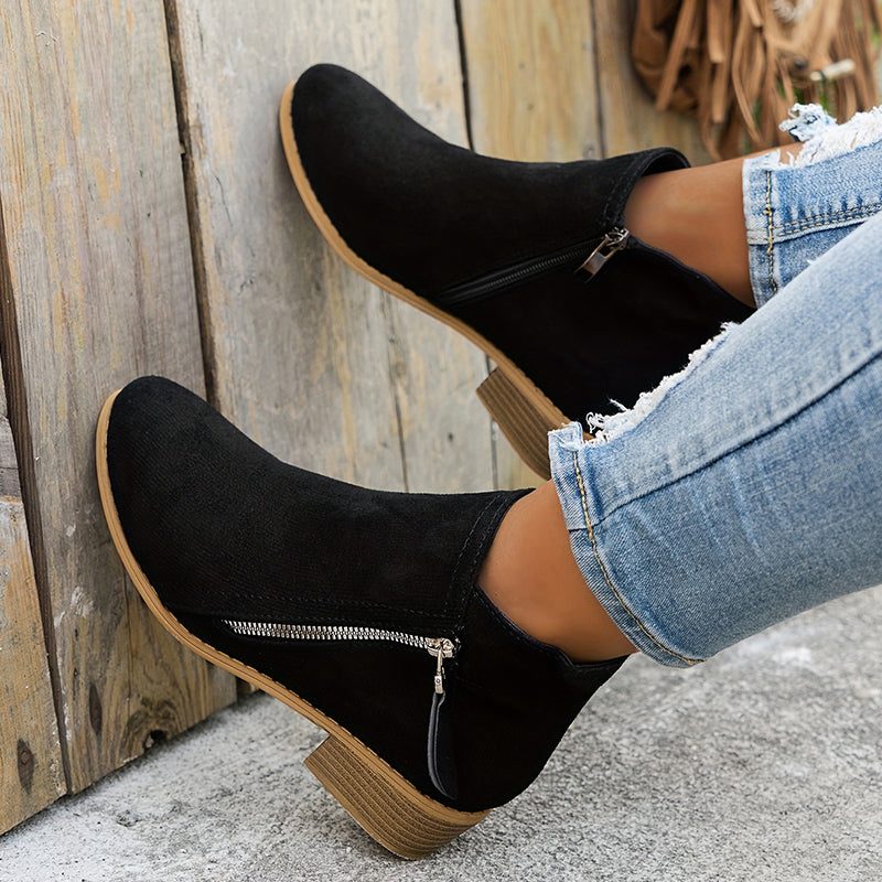 Women's Denim-Inspired Side-Zip Ankle Boots on a Stacked Heel