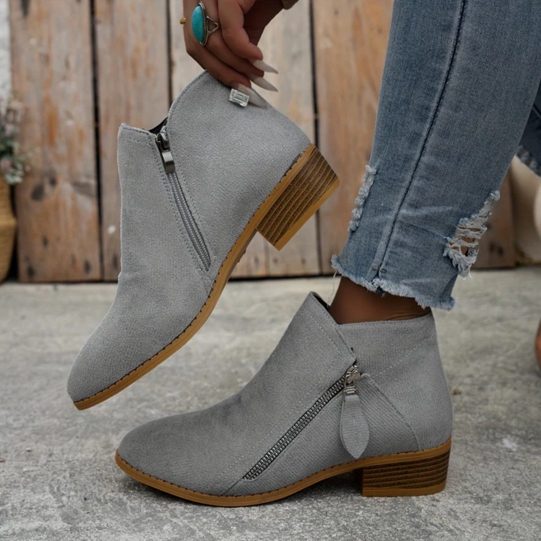 Women's Denim-Inspired Side-Zip Ankle Boots on a Stacked Heel