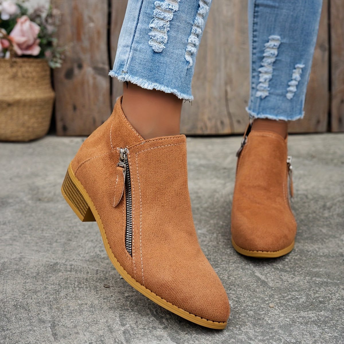 Women's Denim-Inspired Side-Zip Ankle Boots on a Stacked Heel