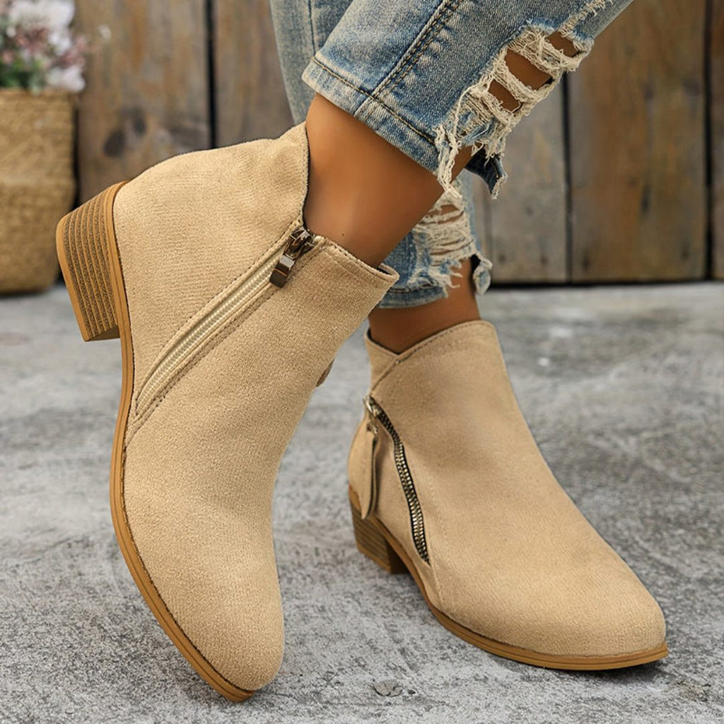 Women's Denim-Inspired Side-Zip Ankle Boots on a Stacked Heel