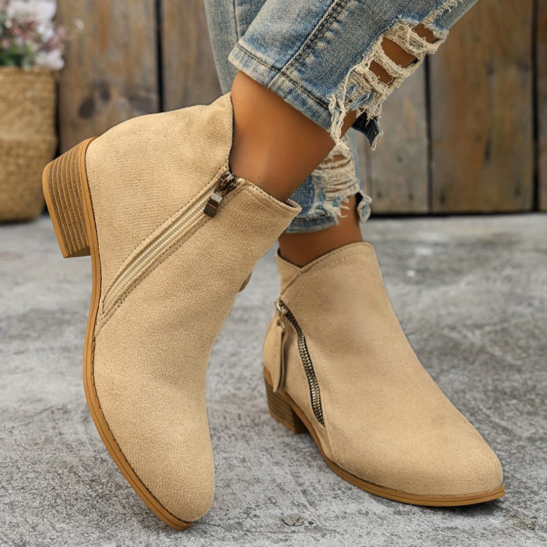 Women's Denim-Inspired Side-Zip Ankle Boots on a Stacked Heel