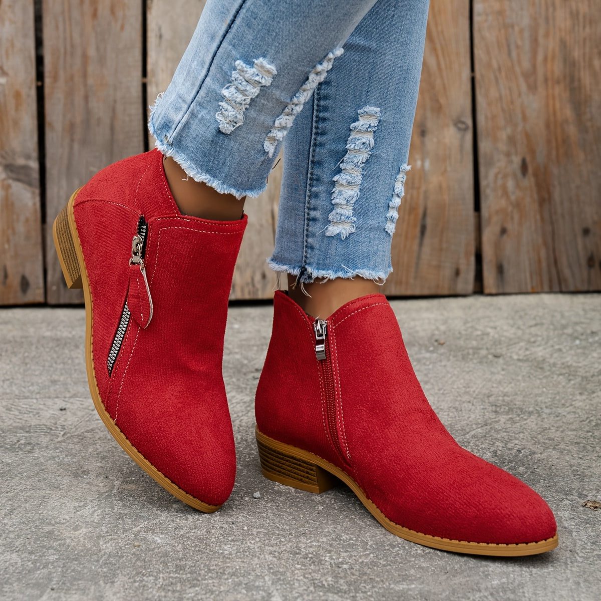 Women's Denim-Inspired Side-Zip Ankle Boots on a Stacked Heel