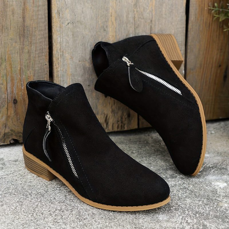 Women's Denim-Inspired Side-Zip Ankle Boots on a Stacked Heel