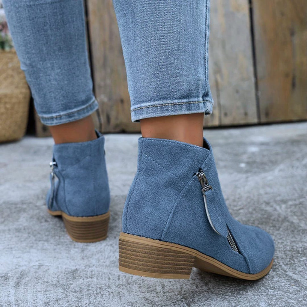 Women's Denim-Inspired Side-Zip Ankle Boots on a Stacked Heel