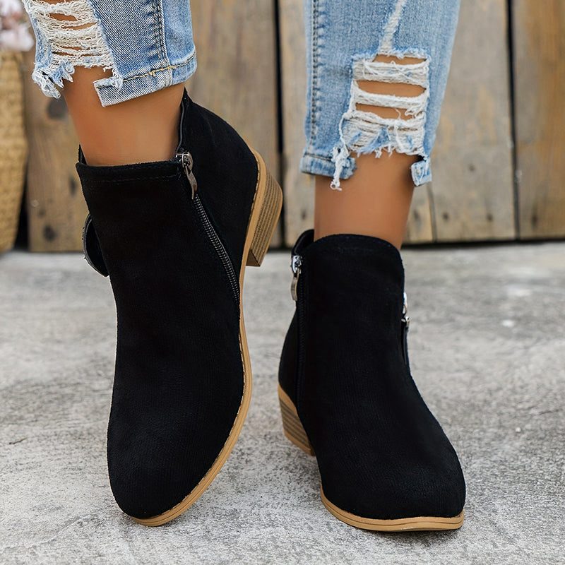 Women's Denim-Inspired Side-Zip Ankle Boots on a Stacked Heel