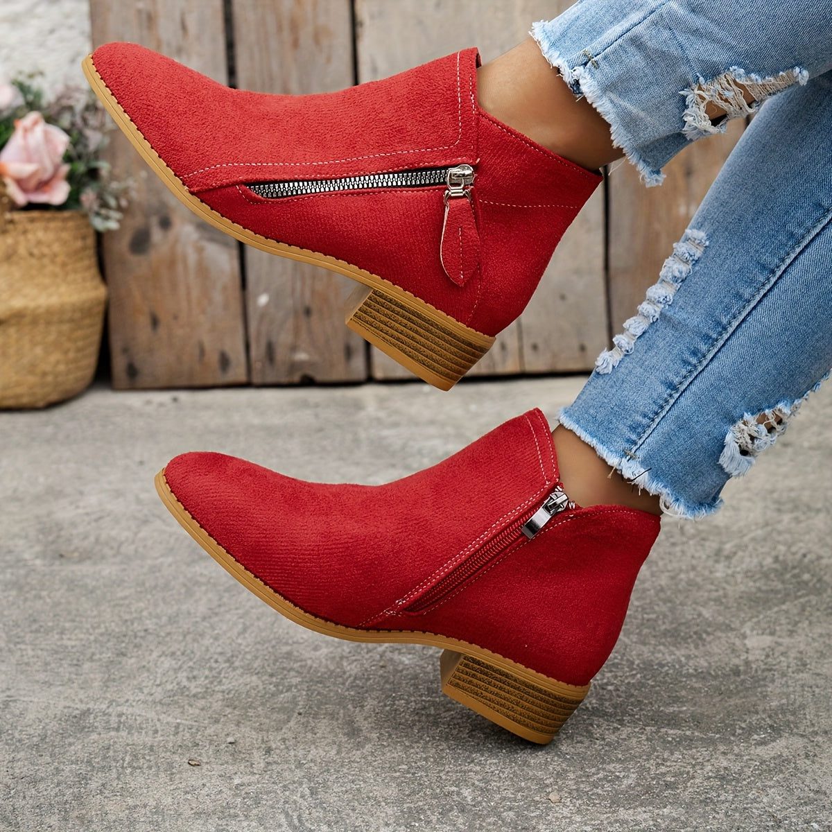 Women's Denim-Inspired Side-Zip Ankle Boots on a Stacked Heel