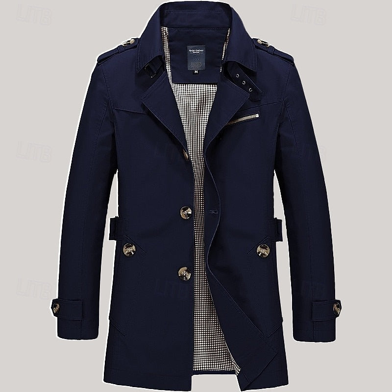 Men's Three-Season Trench Coat with Button Front and Lapel Collar