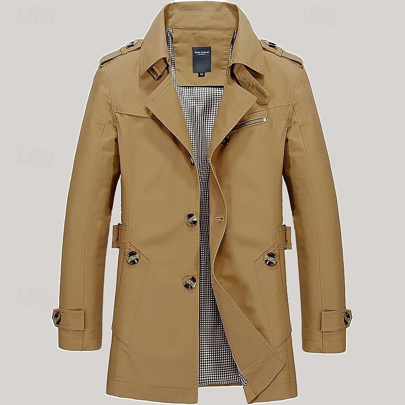 Men's Three-Season Trench Coat with Button Front and Lapel Collar