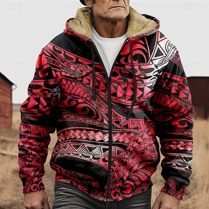 Men's Heritage Print Hooded Jacket with Lined Body and Full Zip - Red