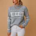 Women's Print Wool-Blend Sweater with Turtleneck and Ribbed Edges - Blue