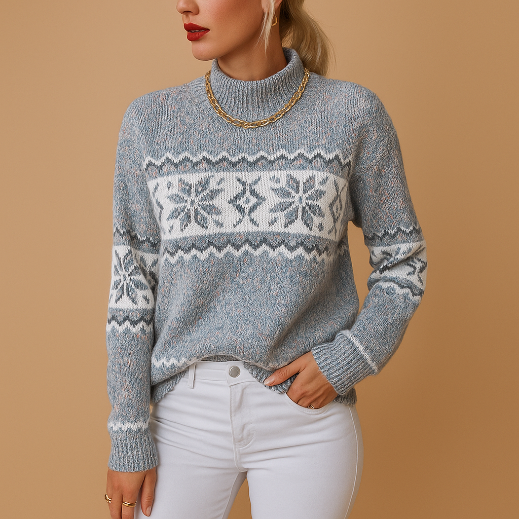 Women's Print Wool-Blend Sweater with Turtleneck and Ribbed Edges - Blue