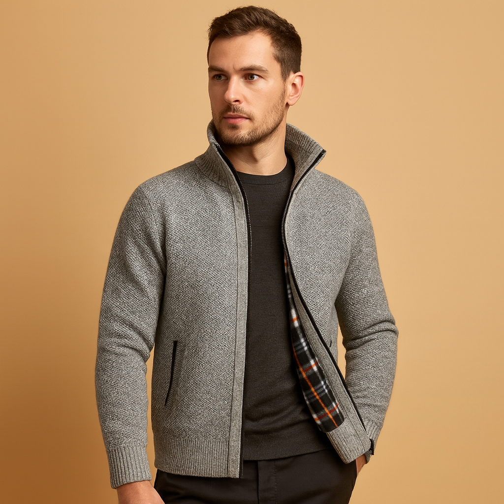 Men's Lined Zip-Up Knit Sweater with Zipped Pockets - Light Gray