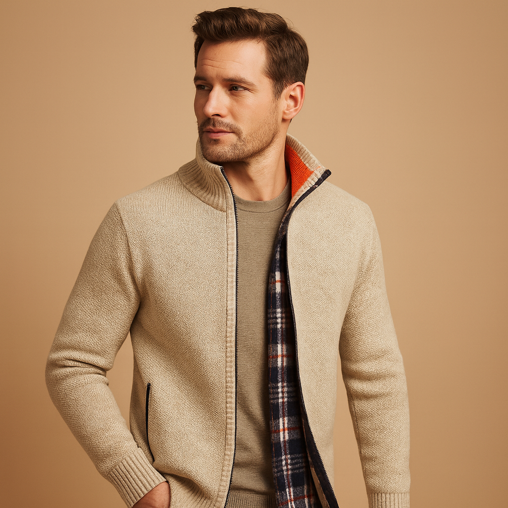 Men's Lined Zip-Up Knit Sweater with Zipped Pockets - Beige