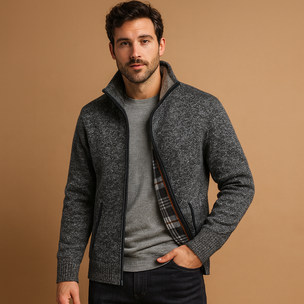 Men's Lined Zip-Up Knit Sweater with Zipped Pockets - Dark Gray