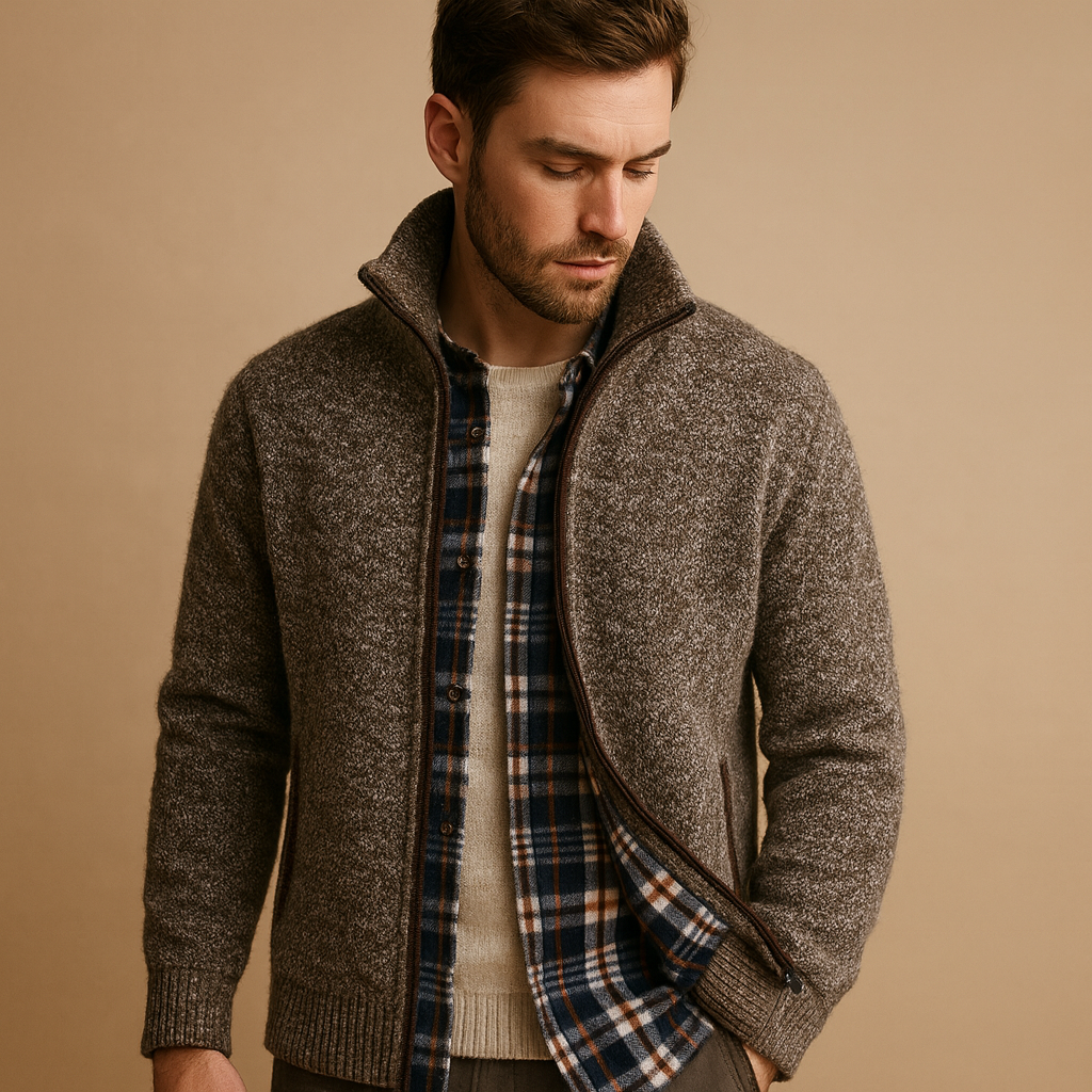 Men's Lined Zip-Up Knit Sweater with Zipped Pockets - Taupe