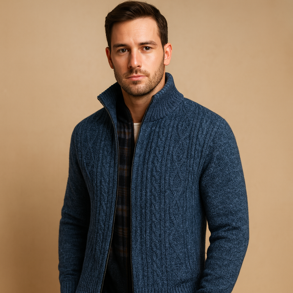 Men's Lined Zip-Up Knit Sweater with Zipped Pockets - Dark Blue