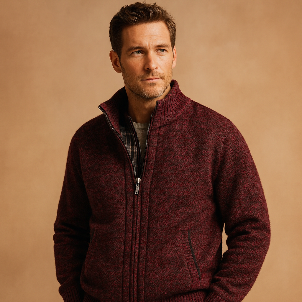 Men's Lined Zip-Up Knit Sweater with Zipped Pockets - Wine Red