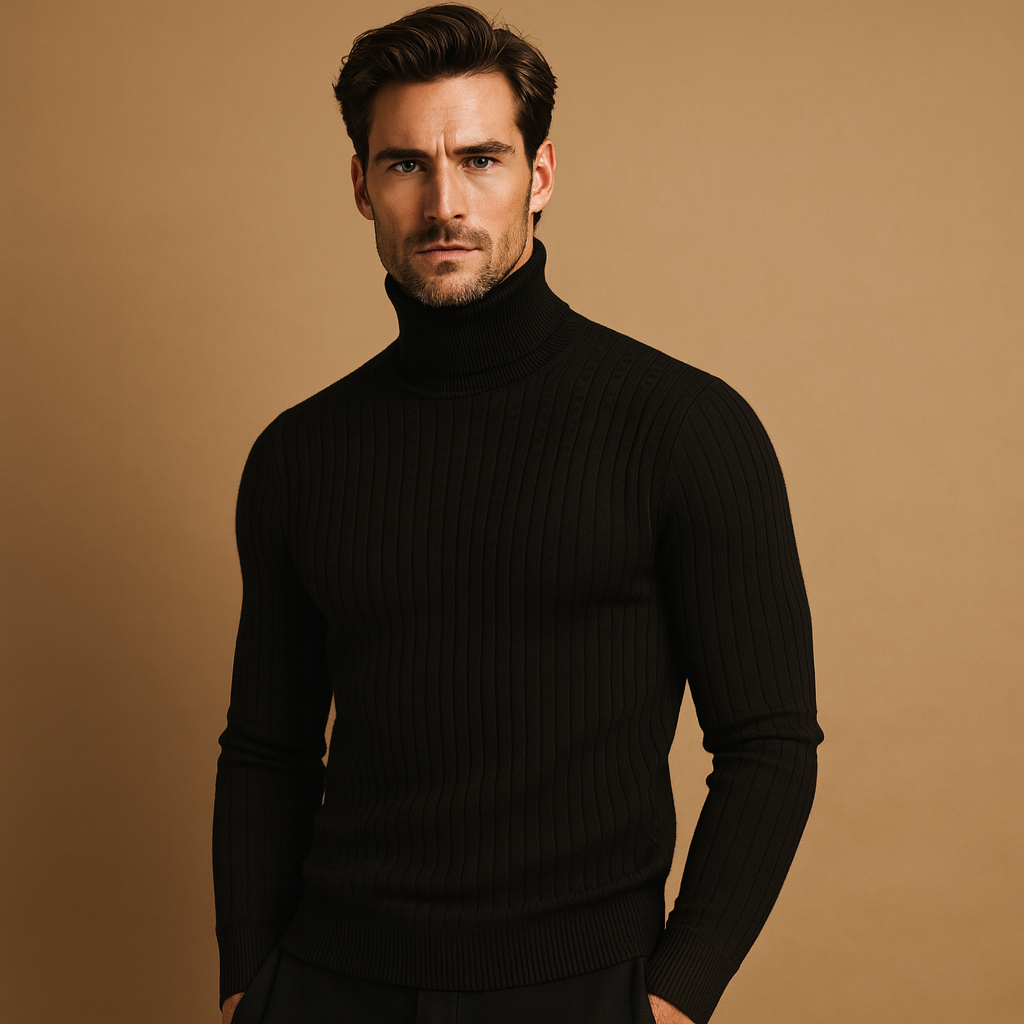 Men's Ribbed Roll-Neck Sweater for Layering Under Coats - Black