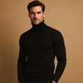 Men's Ribbed Roll-Neck Sweater for Layering Under Coats - Black