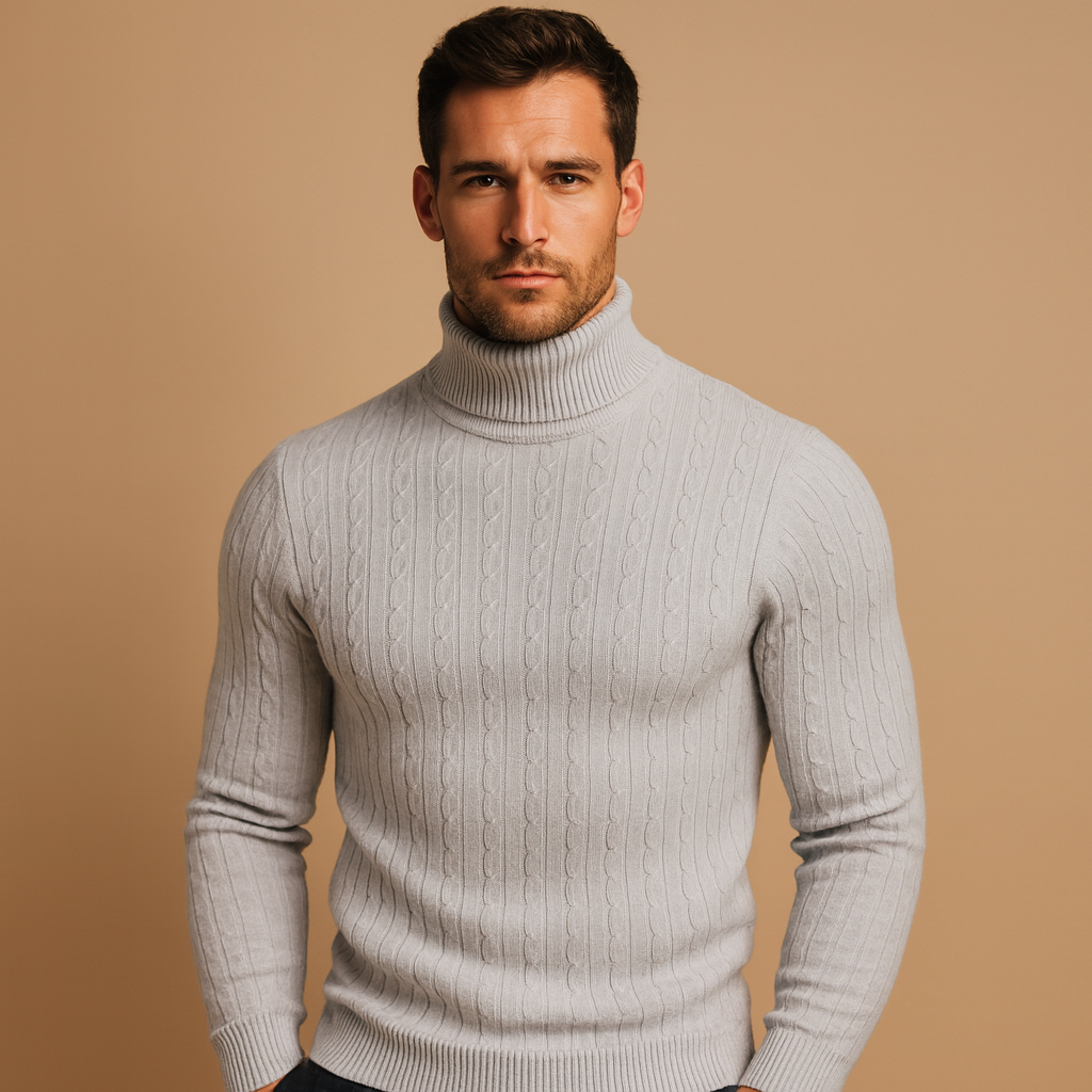 Men's Ribbed Roll-Neck Sweater for Layering Under Coats - Gray