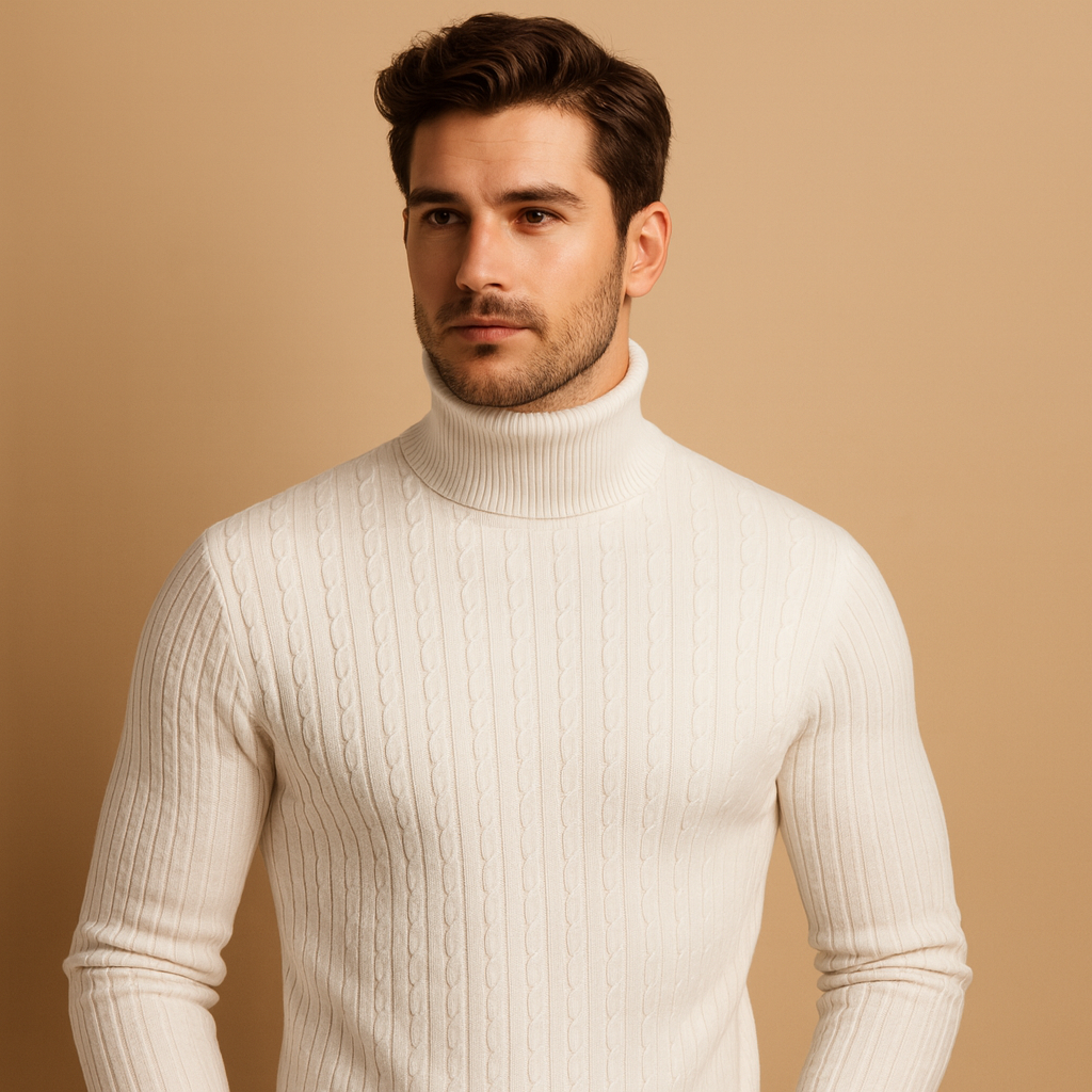 Men's Ribbed Roll-Neck Sweater for Layering Under Coats - White
